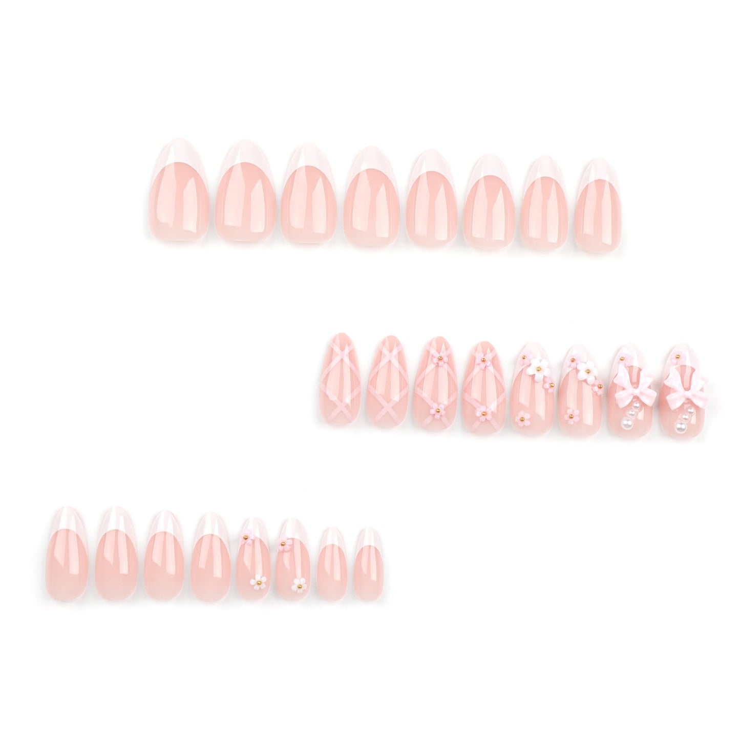 ASNORL 24 Pcs Acrylic Press on Nails Almond - Short Medium Pink Bow French Tip False Nails Art with Flower Rhinestones, Glue On Nail Designs Reusable False Nails for Women - Almond Pink Bow