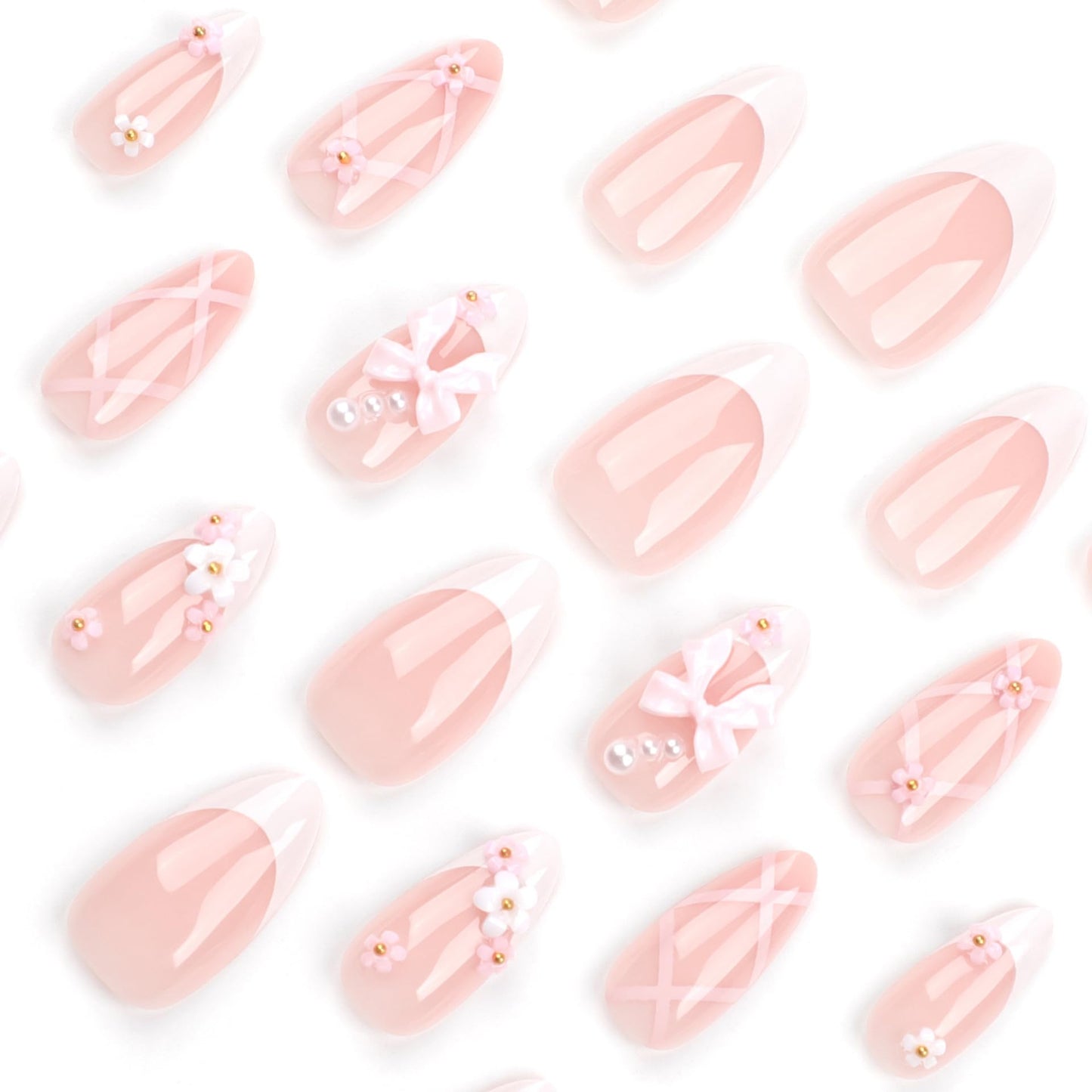 ASNORL 24 Pcs Acrylic Press on Nails Almond - Short Medium Pink Bow French Tip False Nails Art with Flower Rhinestones, Glue On Nail Designs Reusable False Nails for Women - Almond Pink Bow