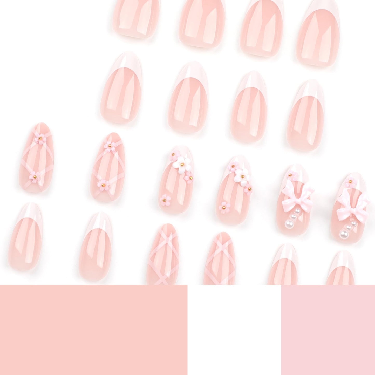 ASNORL 24 Pcs Acrylic Press on Nails Almond - Short Medium Pink Bow French Tip False Nails Art with Flower Rhinestones, Glue On Nail Designs Reusable False Nails for Women - Almond Pink Bow