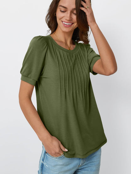 AUTOMET Womens Tops Puff Short Sleeve T-Shirts Pleated Business Casual Summer Fashion Blouses Trendy Basic Comfy Clothes ArmyGreen M