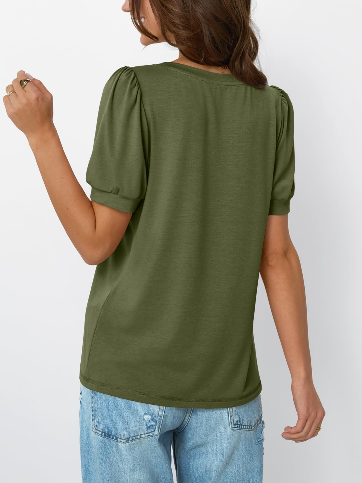 AUTOMET Womens Tops Puff Short Sleeve T-Shirts Pleated Business Casual Summer Fashion Blouses Trendy Basic Comfy Clothes ArmyGreen M