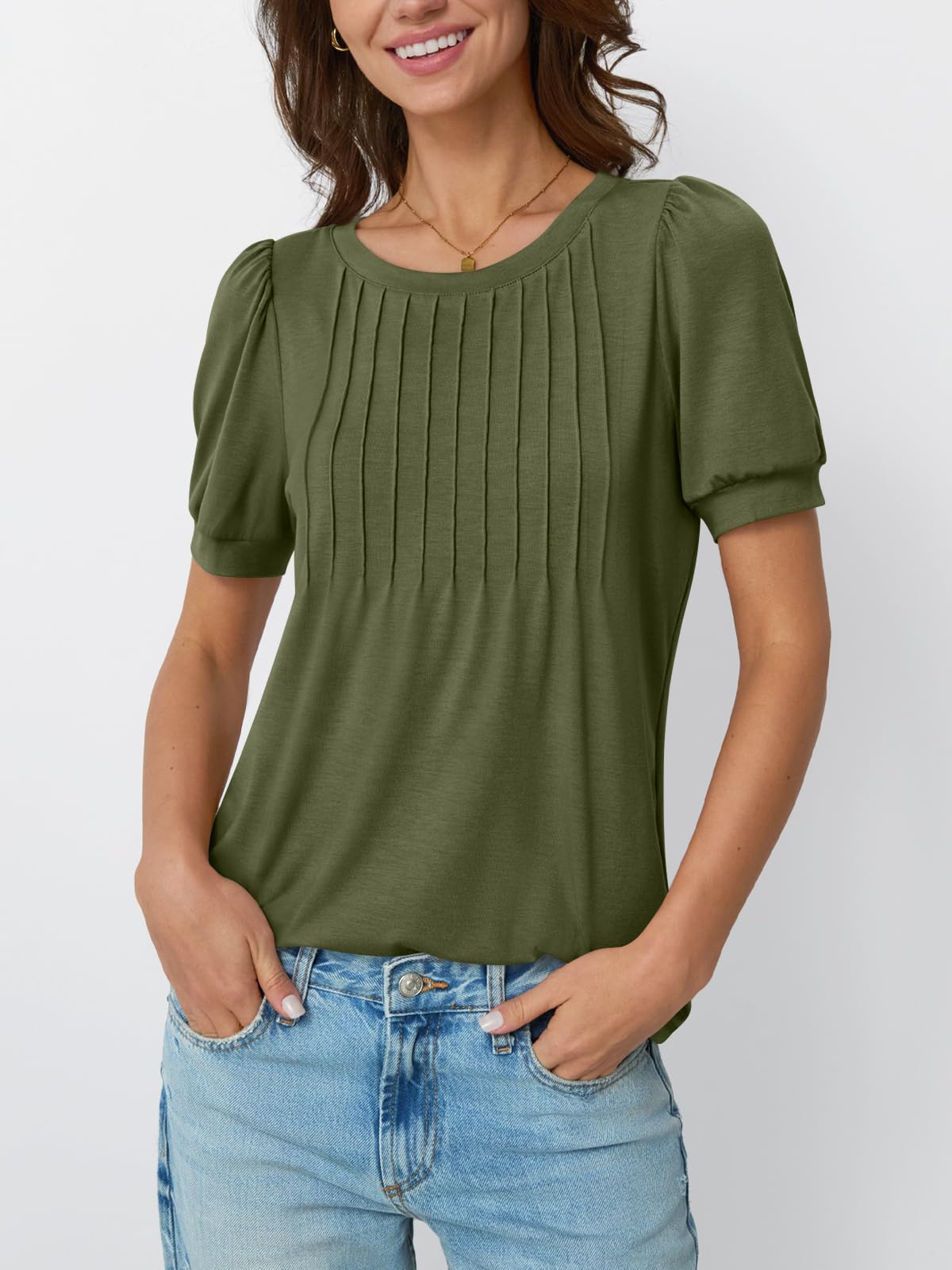 AUTOMET Womens Tops Puff Short Sleeve T-Shirts Pleated Business Casual Summer Fashion Blouses Trendy Basic Comfy Clothes ArmyGreen M