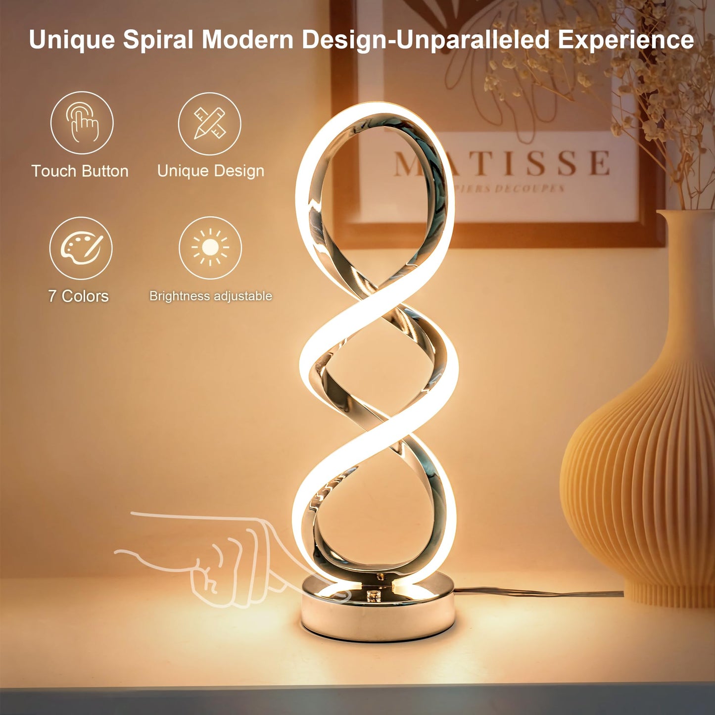 MAYNA Modern Spiral RGB Table Lamp, Touch Dimmable Bedside Lamp, 7 Colors 10 Light Modes Spiral Design Table Lamp, Unique Nightstand Lamp for Living Room, Bedroom, Cool Lamps for Ideal Gift