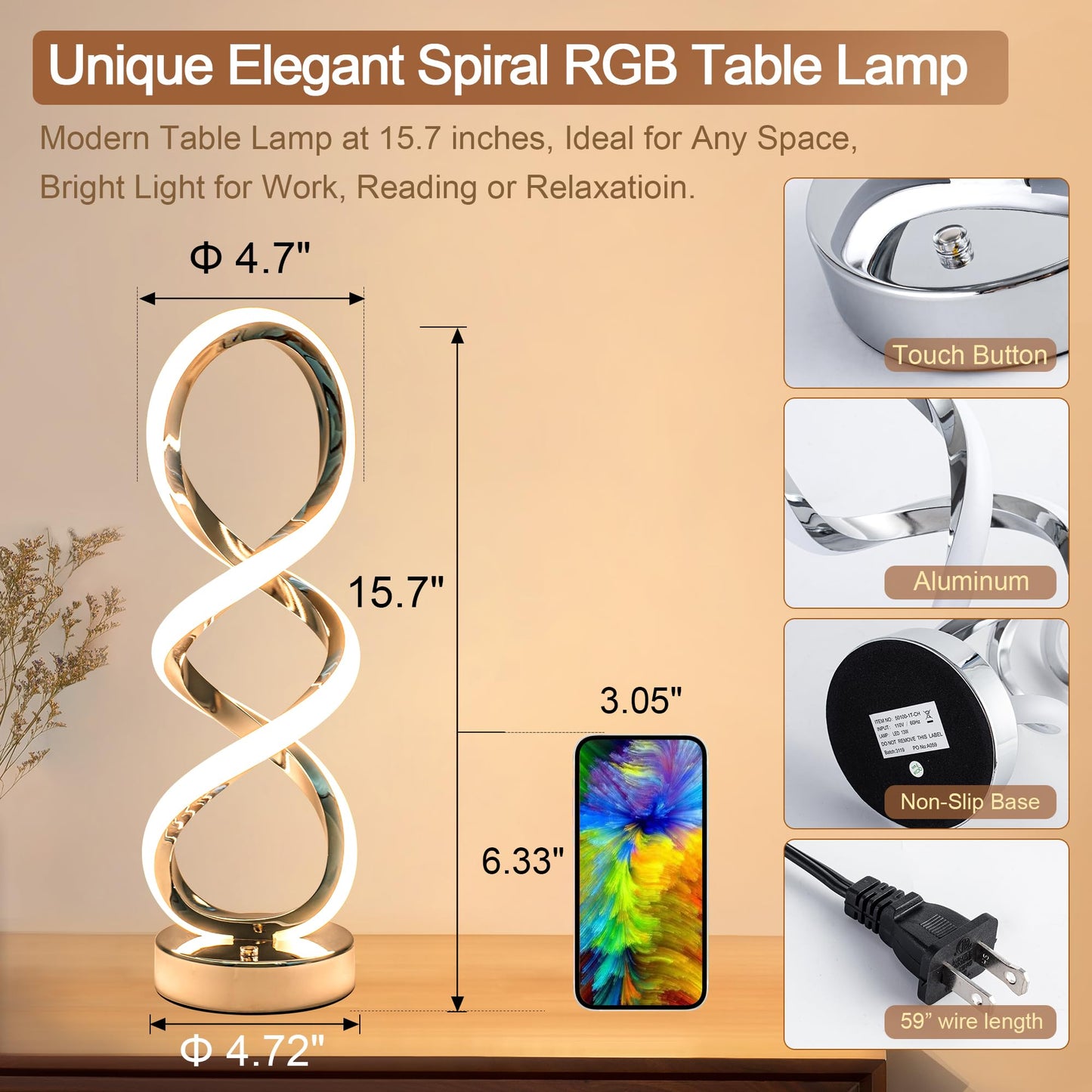 MAYNA Modern Spiral RGB Table Lamp, Touch Dimmable Bedside Lamp, 7 Colors 10 Light Modes Spiral Design Table Lamp, Unique Nightstand Lamp for Living Room, Bedroom, Cool Lamps for Ideal Gift